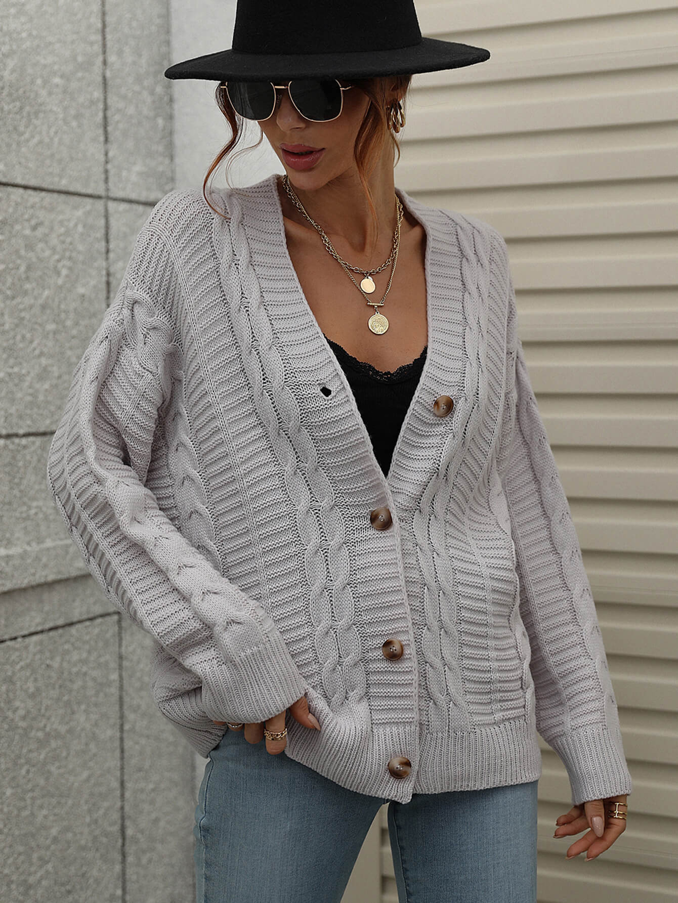 Cable-Knit Ribbed Trim V-Neck Cardigan