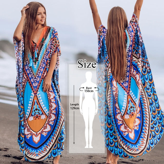 Bohemian Printed Kaftan Women Beachwear Cotton Tunic Beach Cover up