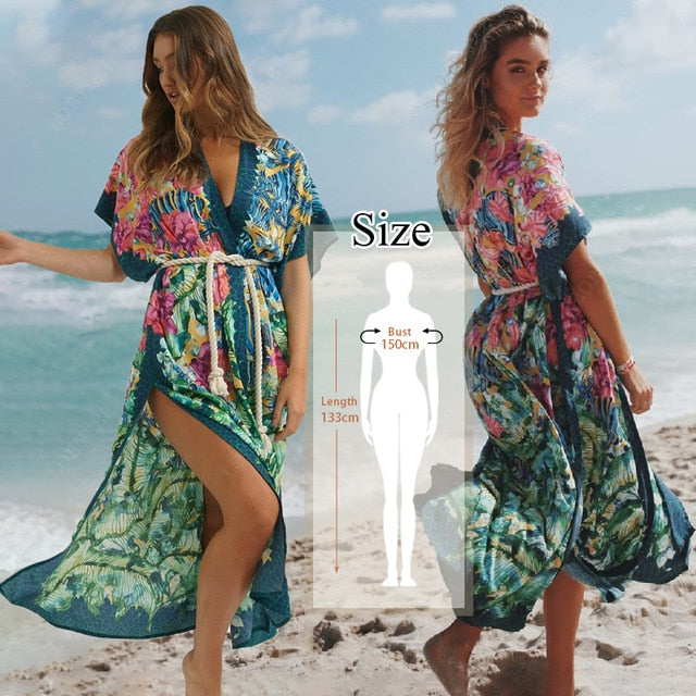 Bohemian Printed Kaftan Women Beachwear Cotton Tunic Beach Cover up