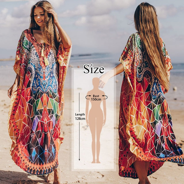 Bohemian Printed Kaftan Women Beachwear Cotton Tunic Beach Cover up