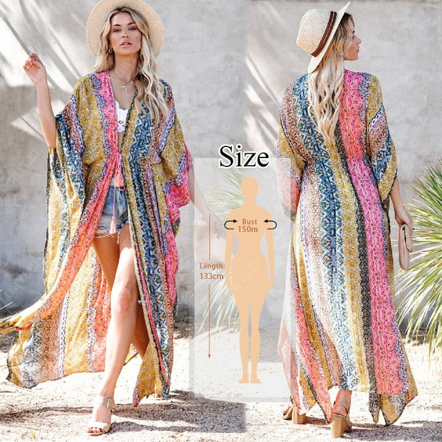 Bohemian Printed Kaftan Women Beachwear Cotton Tunic Beach Cover up