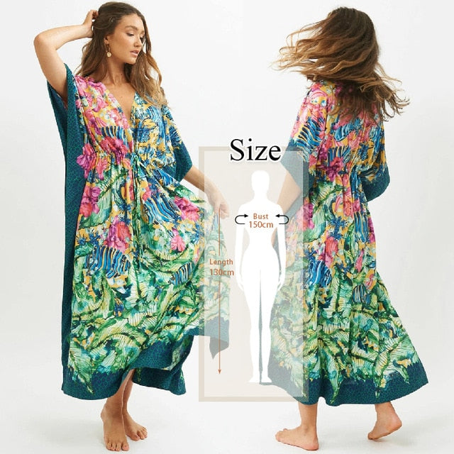 Bohemian Printed Kaftan Women Beachwear Cotton Tunic Beach Cover up