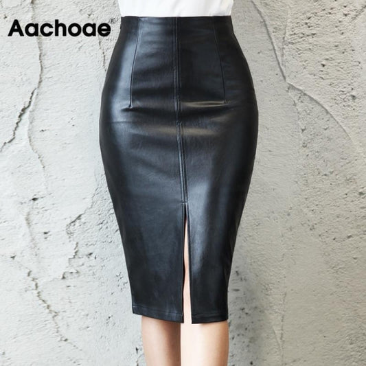 Aachoae Black PU Leather Skirt